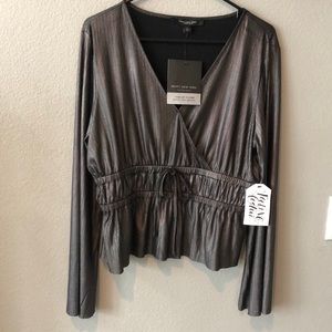 Women’s large silver black shiny metallic silk satin blouse.Match pants in small